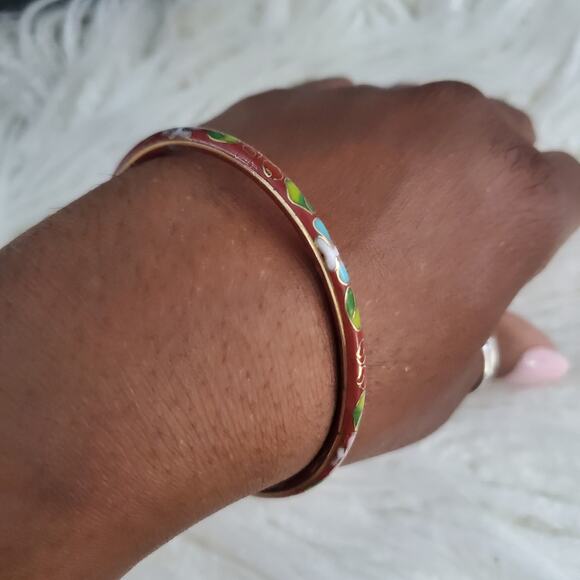 Vintage Thin Red Cloisonne Floral Slide-On Bangle Bracelet - Picture 2 of 2